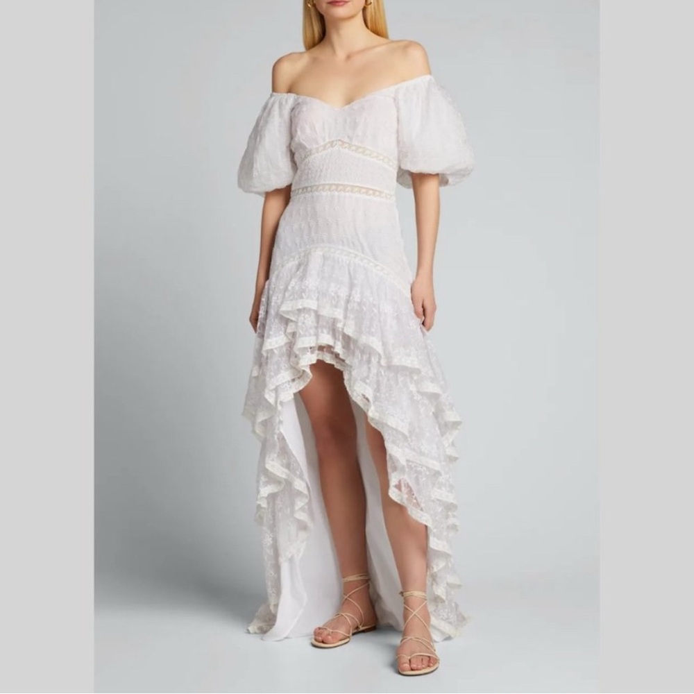 LoveShackFancy White Off-Shoulder High Low Dress